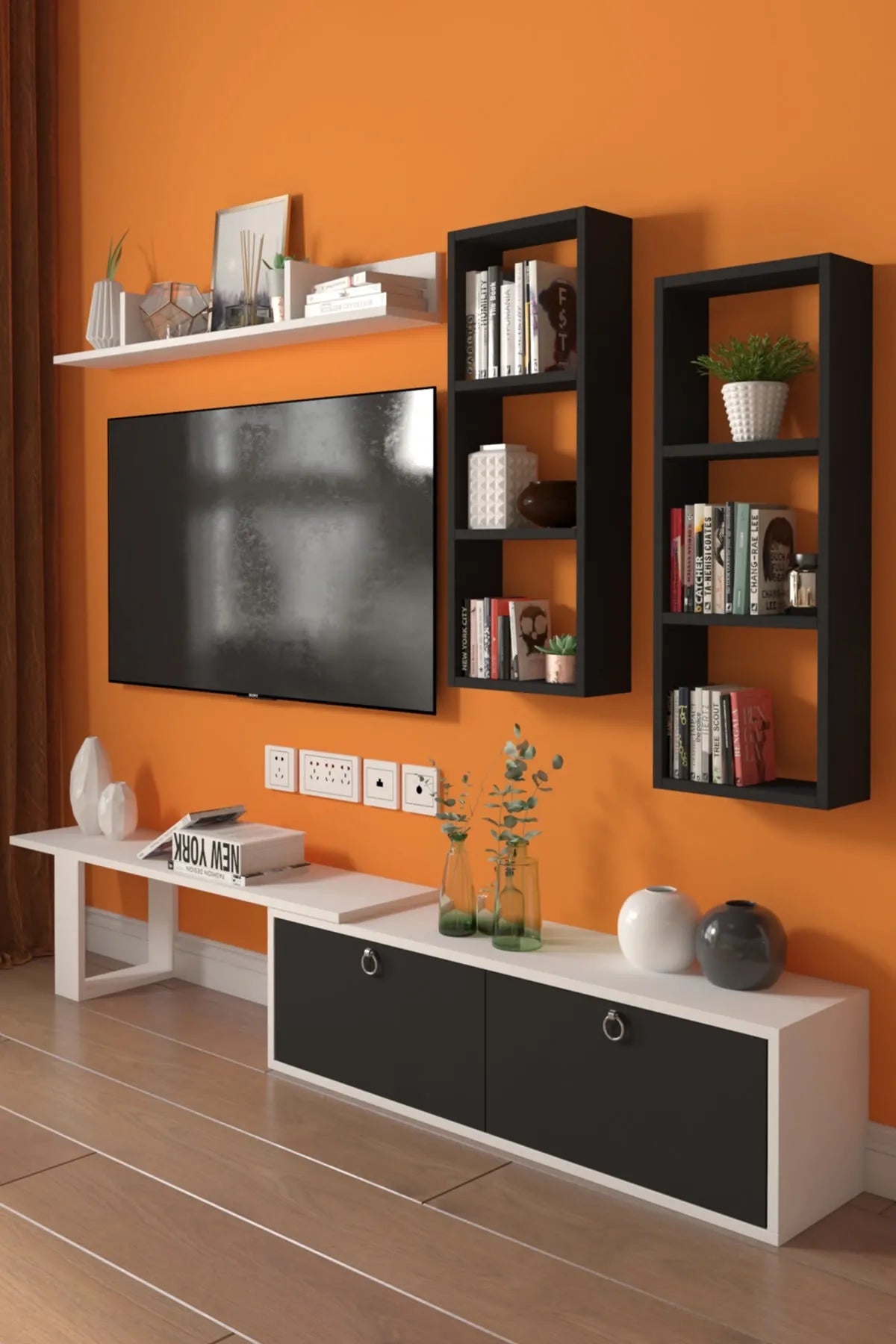 Dekoronya Zera Raf Kitaplıklı Ve Dolap Kapaklı Tv Ünitesi Siyah