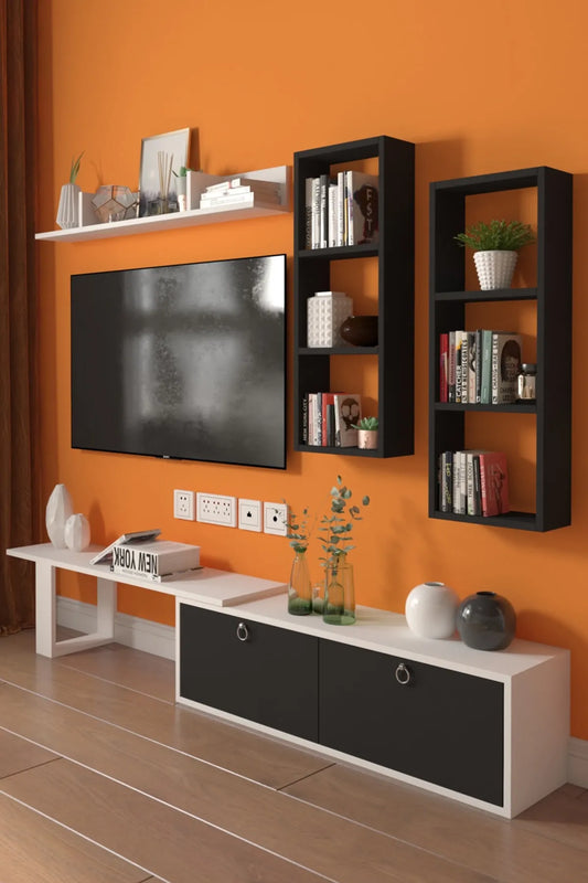 Dekoronya Zera Raf Kitaplıklı Ve Dolap Kapaklı Tv Ünitesi Siyah
