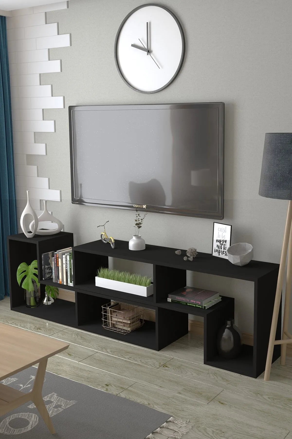 Dekoronya Tetris Çok Amaçlı Fonksiyonel Siyah Tv Sehpası