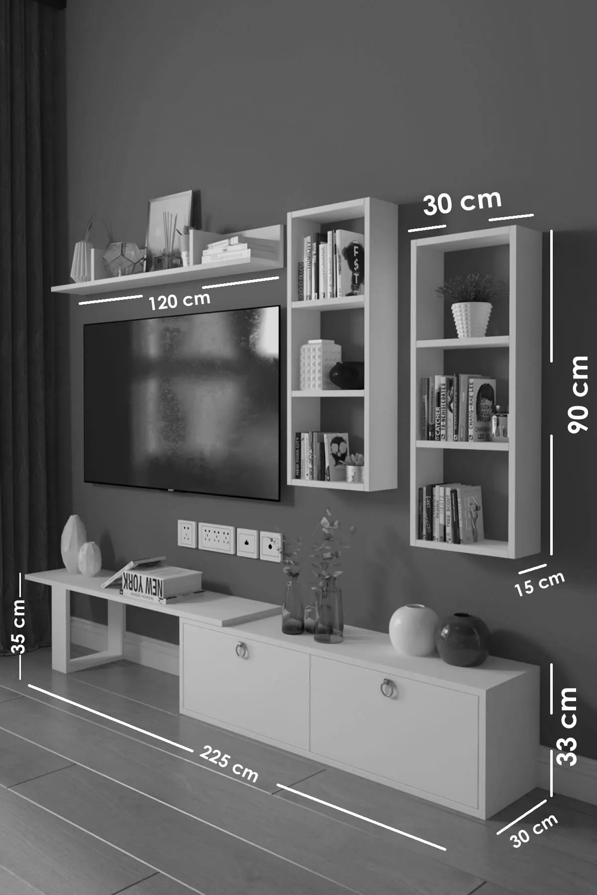 Dekoronya Zera Raf Kitaplıklı Ve Dolap Kapaklı Tv Ünitesi Meşe