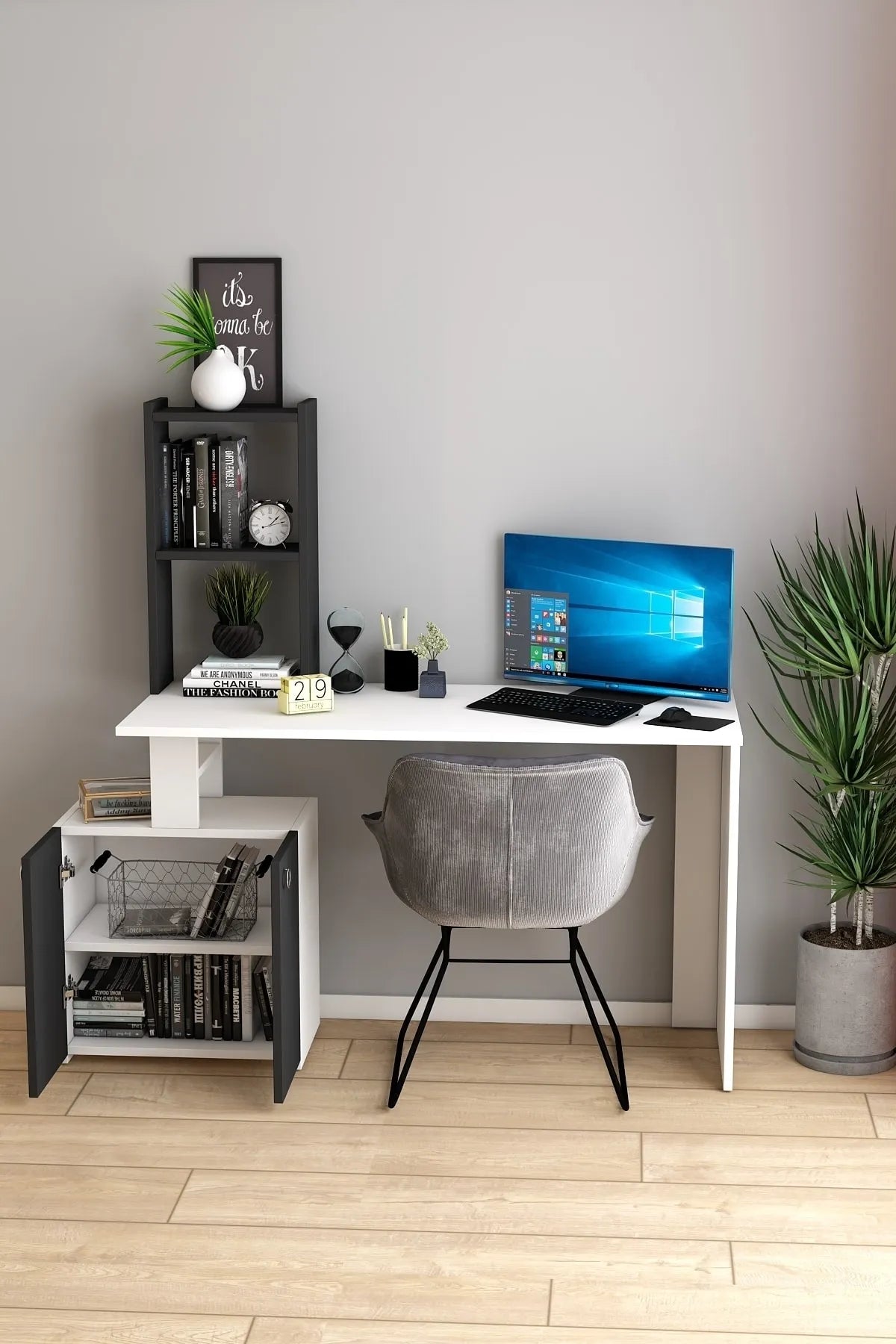 Dekoronya Modern Dolaplı ve Kitaplıklı Çalışma Masası Siyah