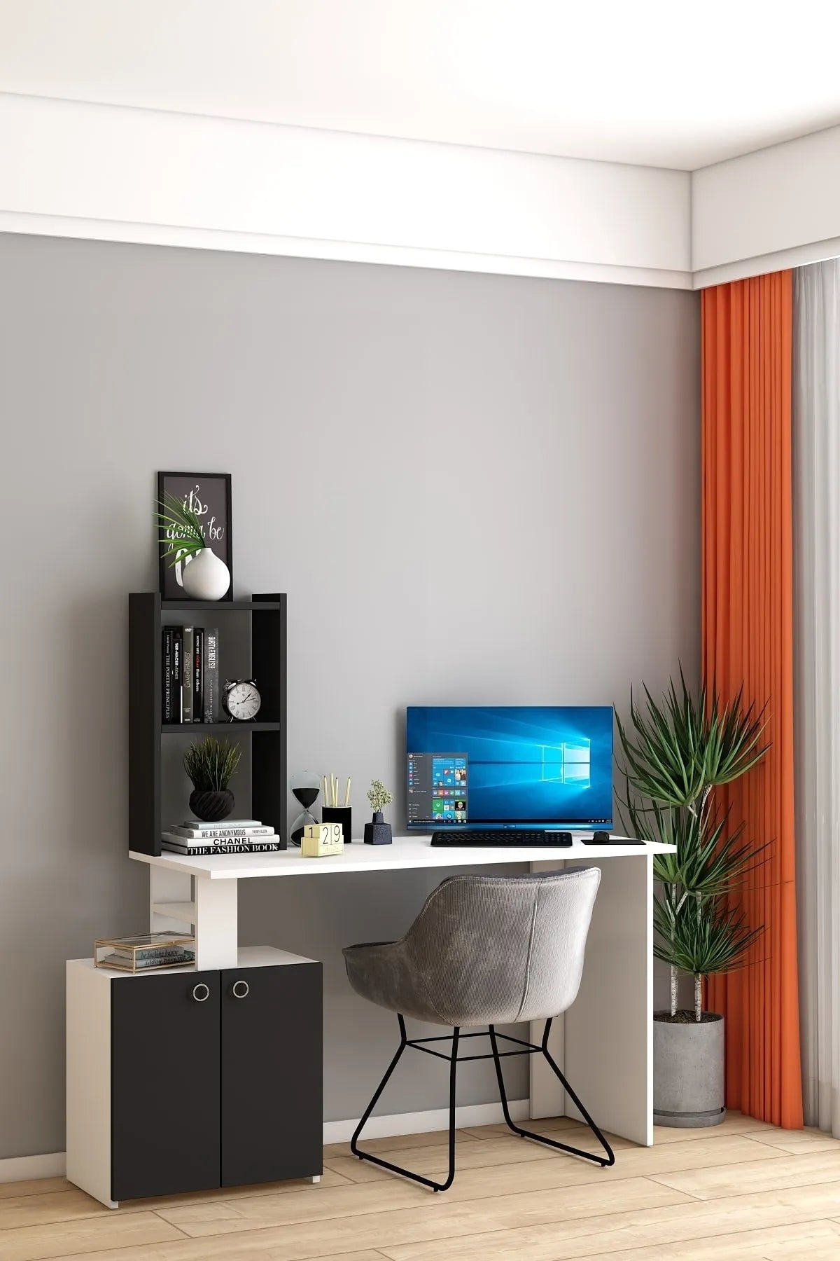 Dekoronya Modern Dolaplı ve Kitaplıklı Çalışma Masası Siyah
